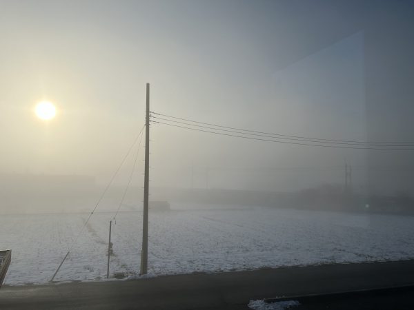 朝もやで真っ白な幻想的な風景になりました